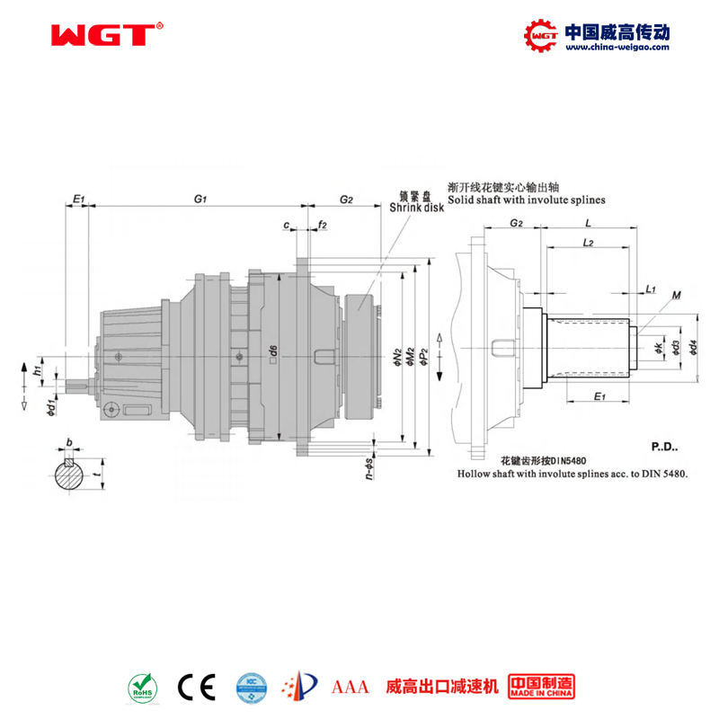 P3SD15 (i:280-900) Планетарная первичная косозубая передача серии P с эвольвентным шлицем и сплошным валом