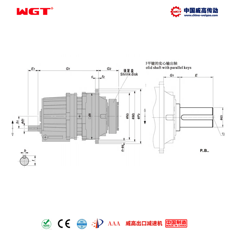P2SB31 (i:45-125) Первичная планетарная косозубая передача серии P, параллельный вал, сплошной вал с плоской шпонкой