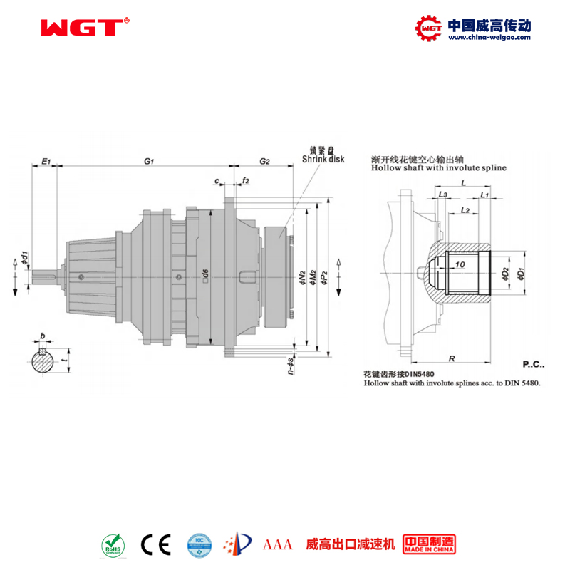 P3NC22 (i:140-280) Планетарный стандартный тип серии P (коаксиальный тип), эвольвентный шлицевой полый вал