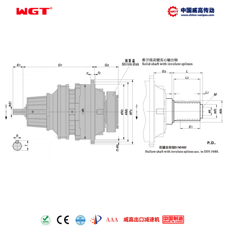 P3ND27 (i: 140-280) Планетарный стандартный тип серии P (коаксиальный тип), эвольвентный шлицевой сплошной вал